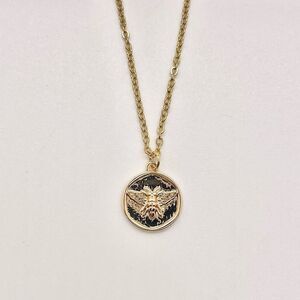 24k Gold tone Dainty Stainless Steel Queen Bee Coin Medallion Pendant Necklace